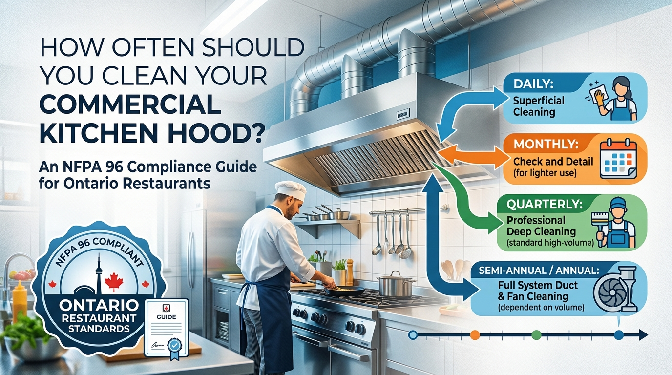 A commercial kitchen infographic illustrating cleaning frequencies for restaurant exhaust hoods, featuring a schedule of daily superficial cleaning, monthly detailing, quarterly professional deep cleaning, and semi-annual/annual full system cleaning. The scene includes a chef at work, a stainless steel hood with a ductwork system, and a circular seal for "Ontario Restaurant Standards" and "NFPA 96 Compliant."