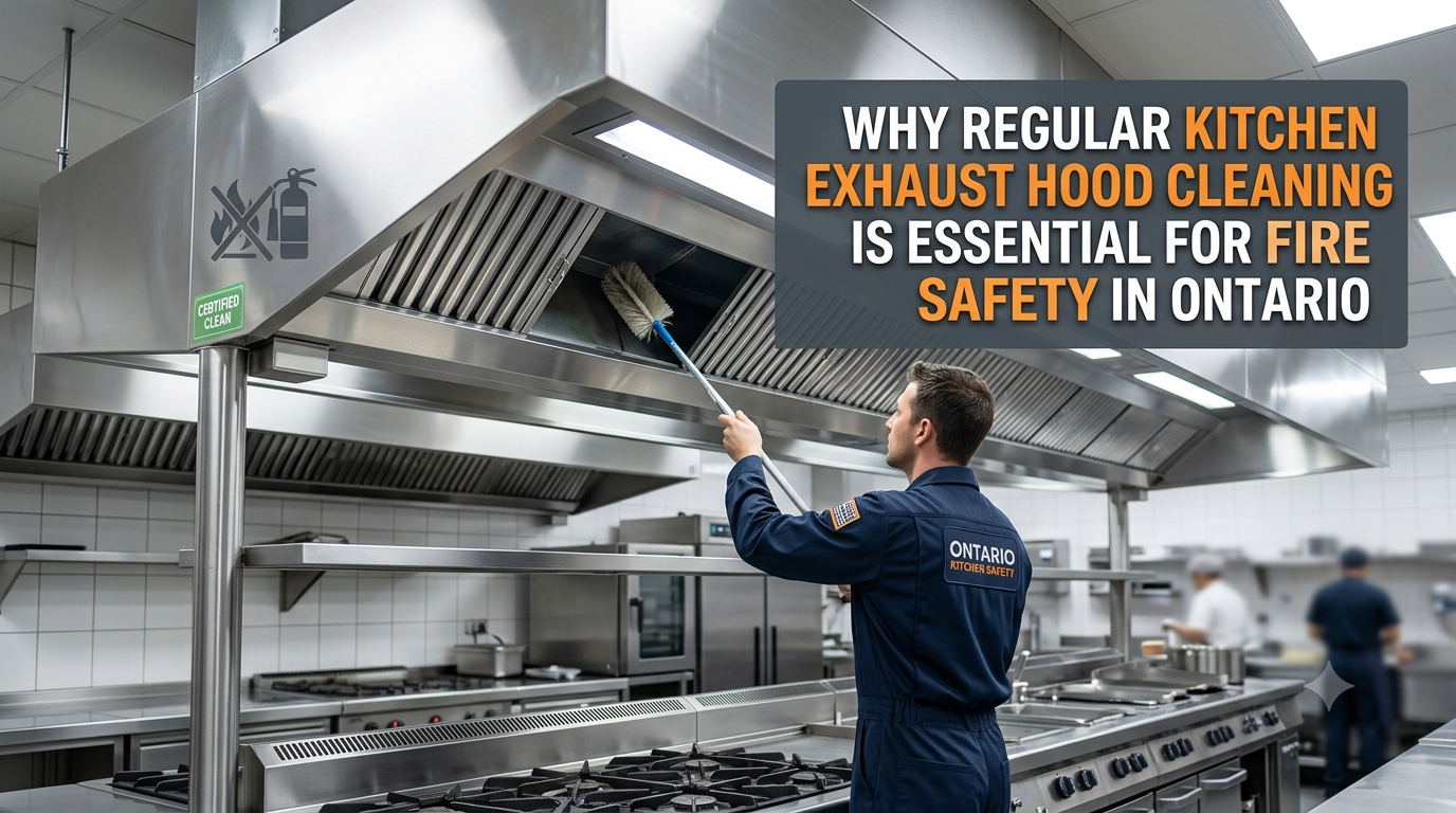 Professional technician cleaning a commercial stainless steel kitchen exhaust hood in Ontario for fire safety compliance.