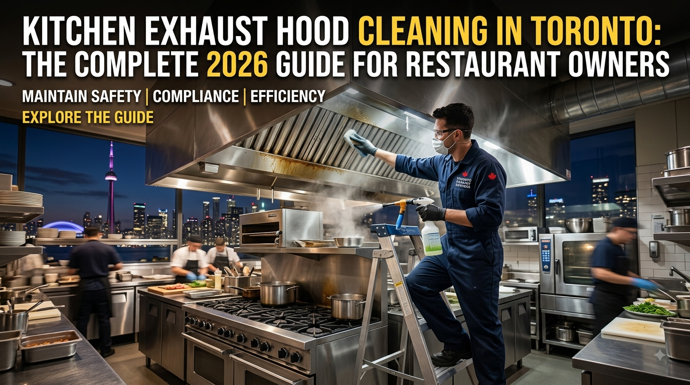 A commercial kitchen cleaner in a blue uniform and mask uses a ladder to clean a large, greasy stainless steel exhaust hood in a professional restaurant. The Toronto skyline with the CN Tower is visible through a large window. Bold white and yellow text at the top reads: "KITCHEN EXHAUST HOOD CLEANING IN TORONTO: THE COMPLETE 2026 GUIDE FOR RESTAURANT OWNERS." Subtext below reads: "MAINTAIN SAFETY | COMPLIANCE | EFFICIENCY" and "EXPLORE THE GUIDE."