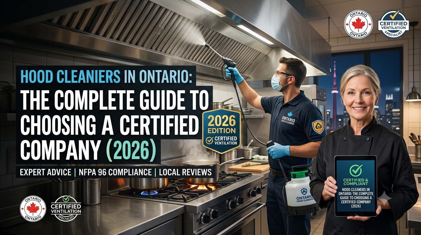 A professional feature blog banner titled "Hood Cleaners in Ontario: The Complete Guide to Choosing a Certified Company (2026)" featuring a technician cleaning a commercial kitchen exhaust system alongside a restaurant owner holding a compliance badge tablet.